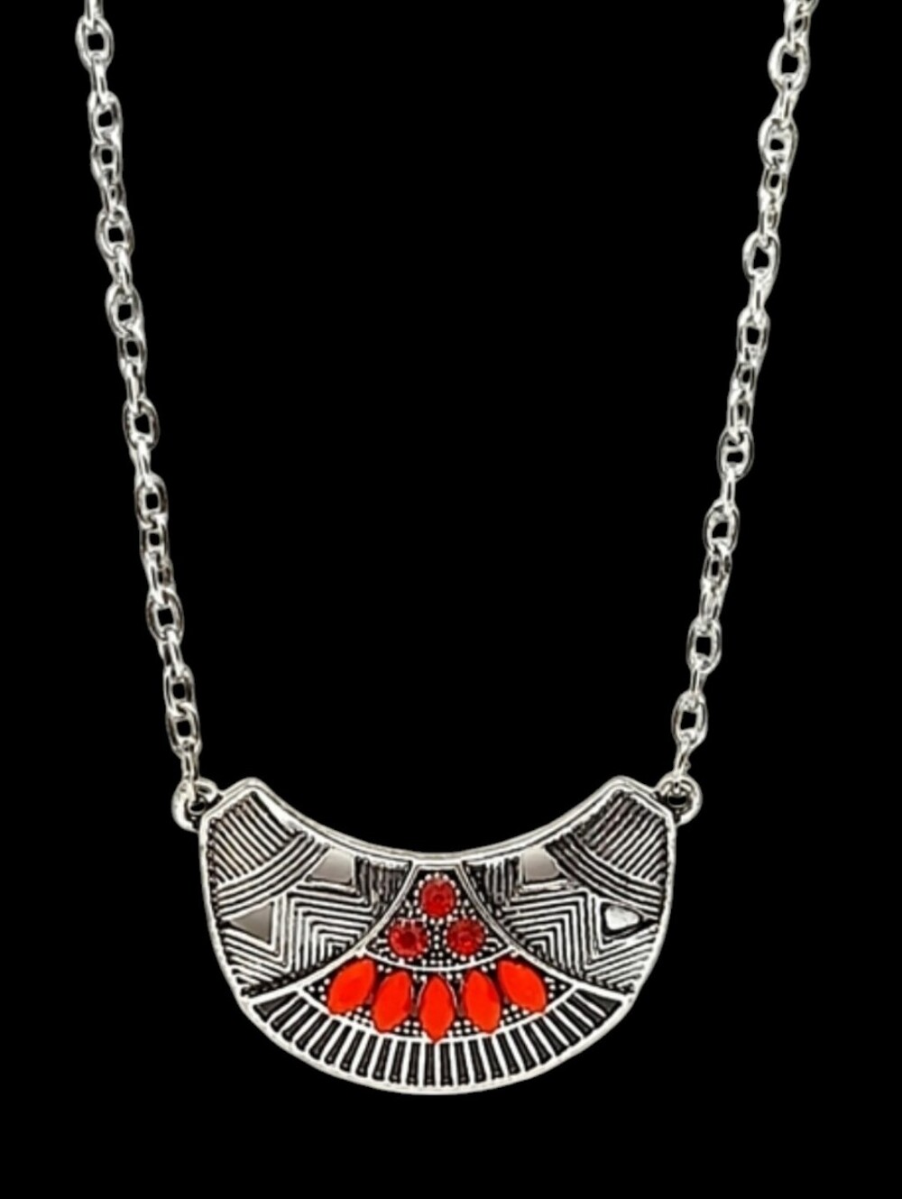 Vintage Art Deco Style Silver Tone Necklace with Red Faceted Stones